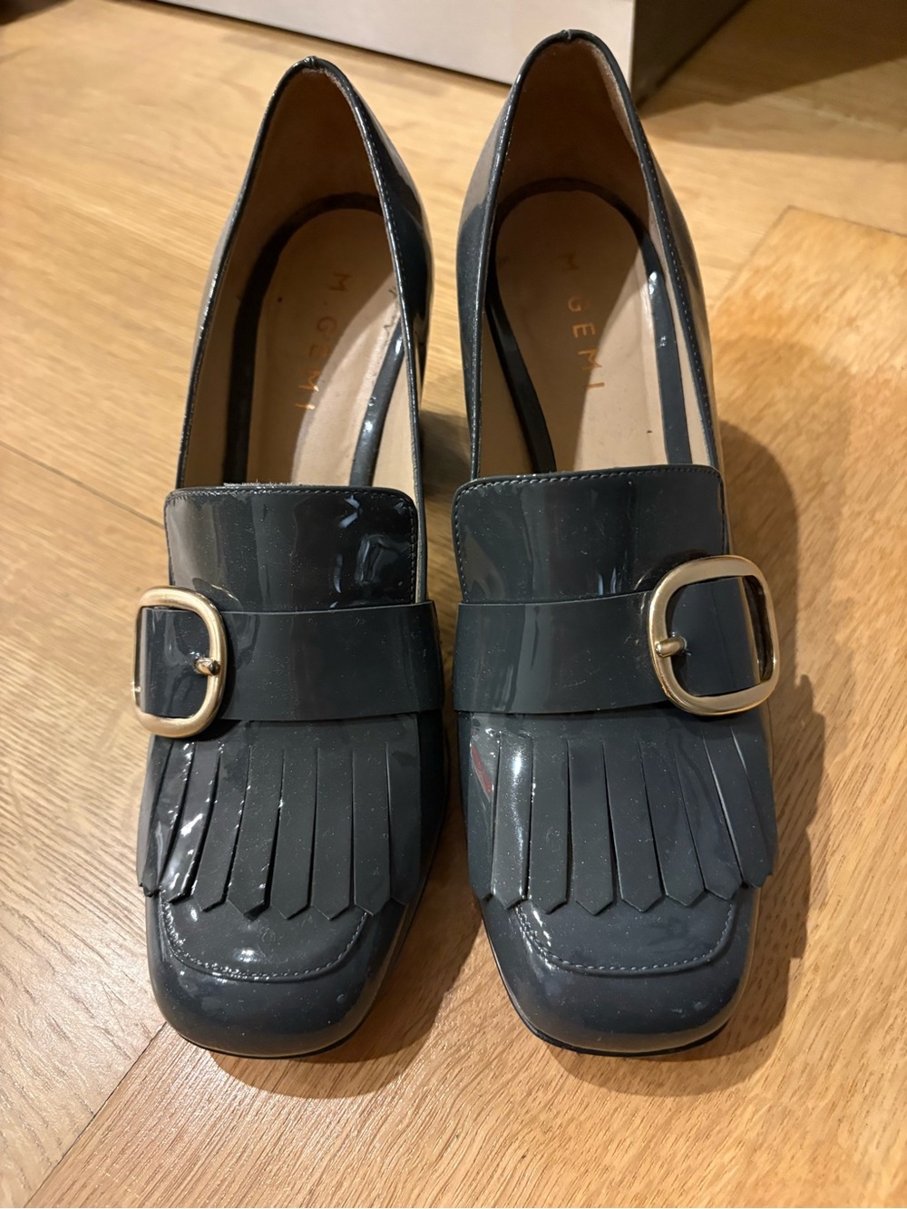 M. Gemi Women’s Dark Gray Patent Fringe Loafers with Gold Buckle